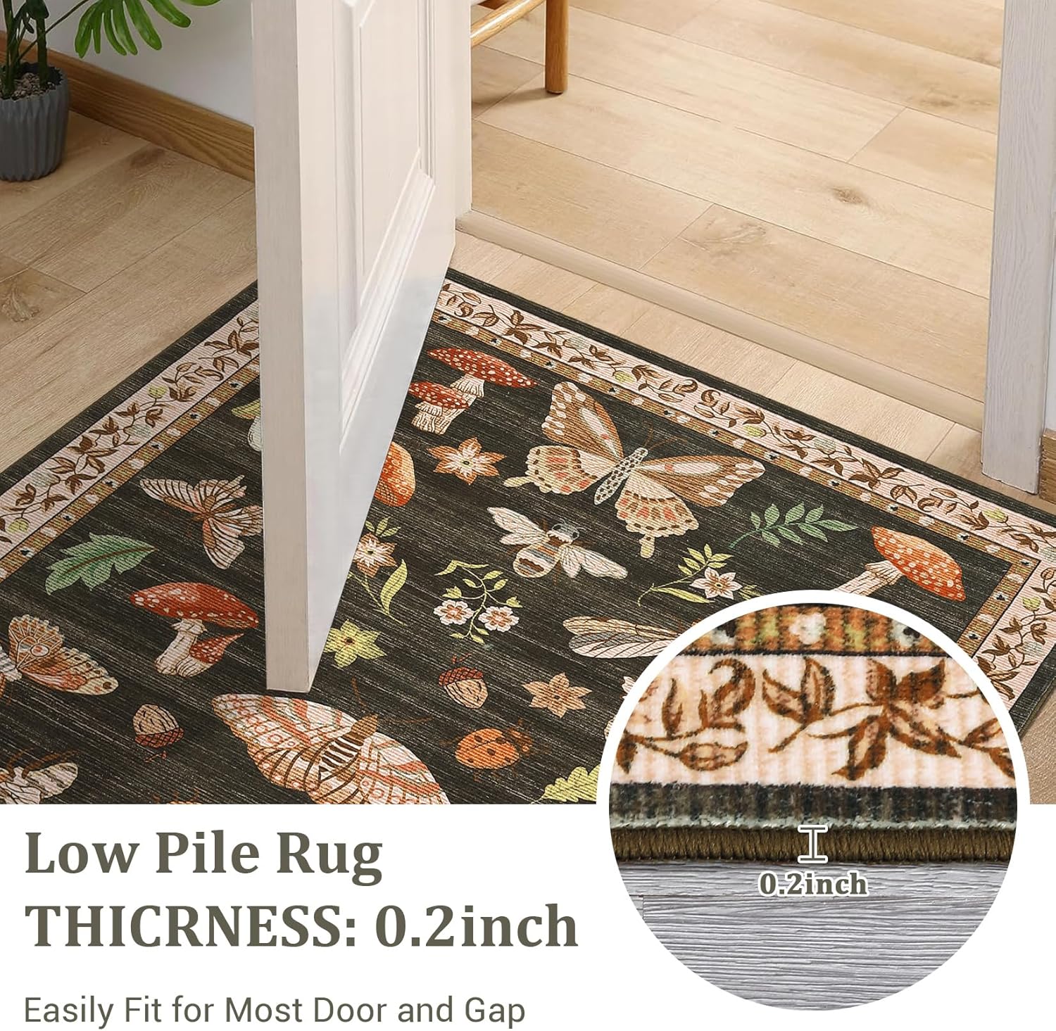 Mushroom Washable Rug 5x7 Area Rugs for Living Room, Insect Print Rug for Bedroom, Non Slip Throw Carpet with Rubber Back, Soft Low Pile Dining Room, Brown - Image 4