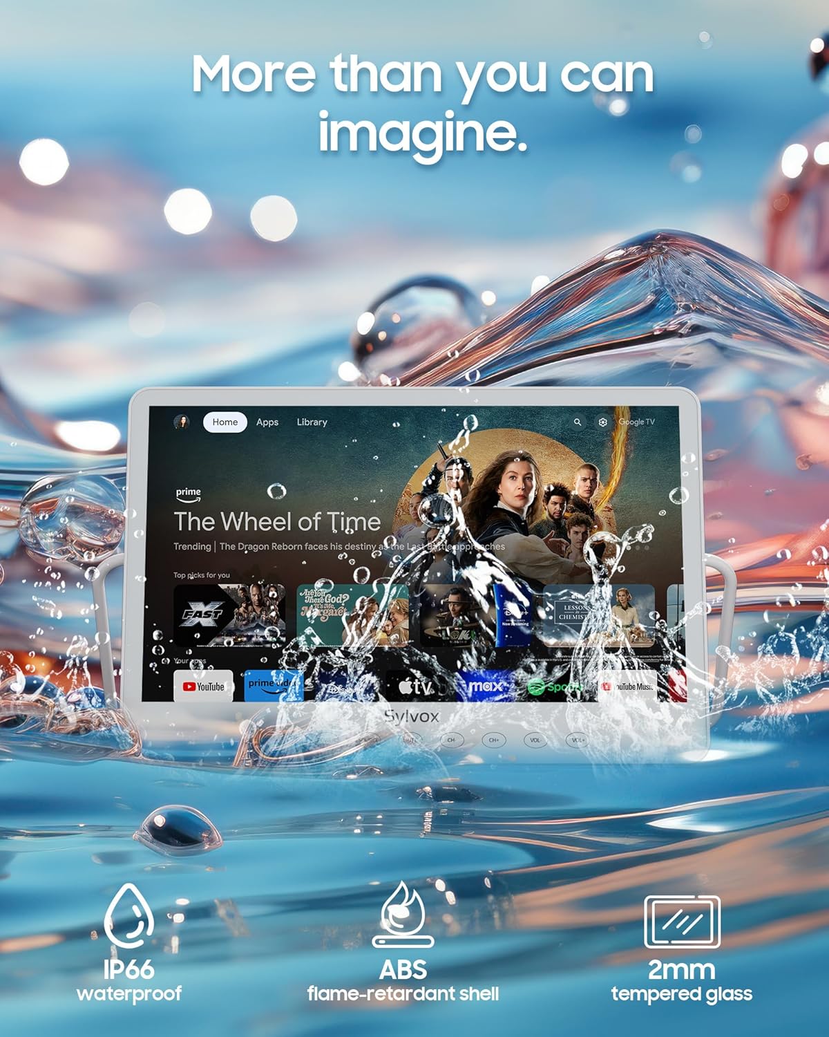 SYLVOX Waterproof Portable TV, 15.6" Shower TV 1080P Smart TVs for Bathroom, 10000mAh Rechargeable Battery Operated (4-6H Play Time), IP66 Waterproof, Voice Assistant, 360° Rotating Kickstand - Image 8