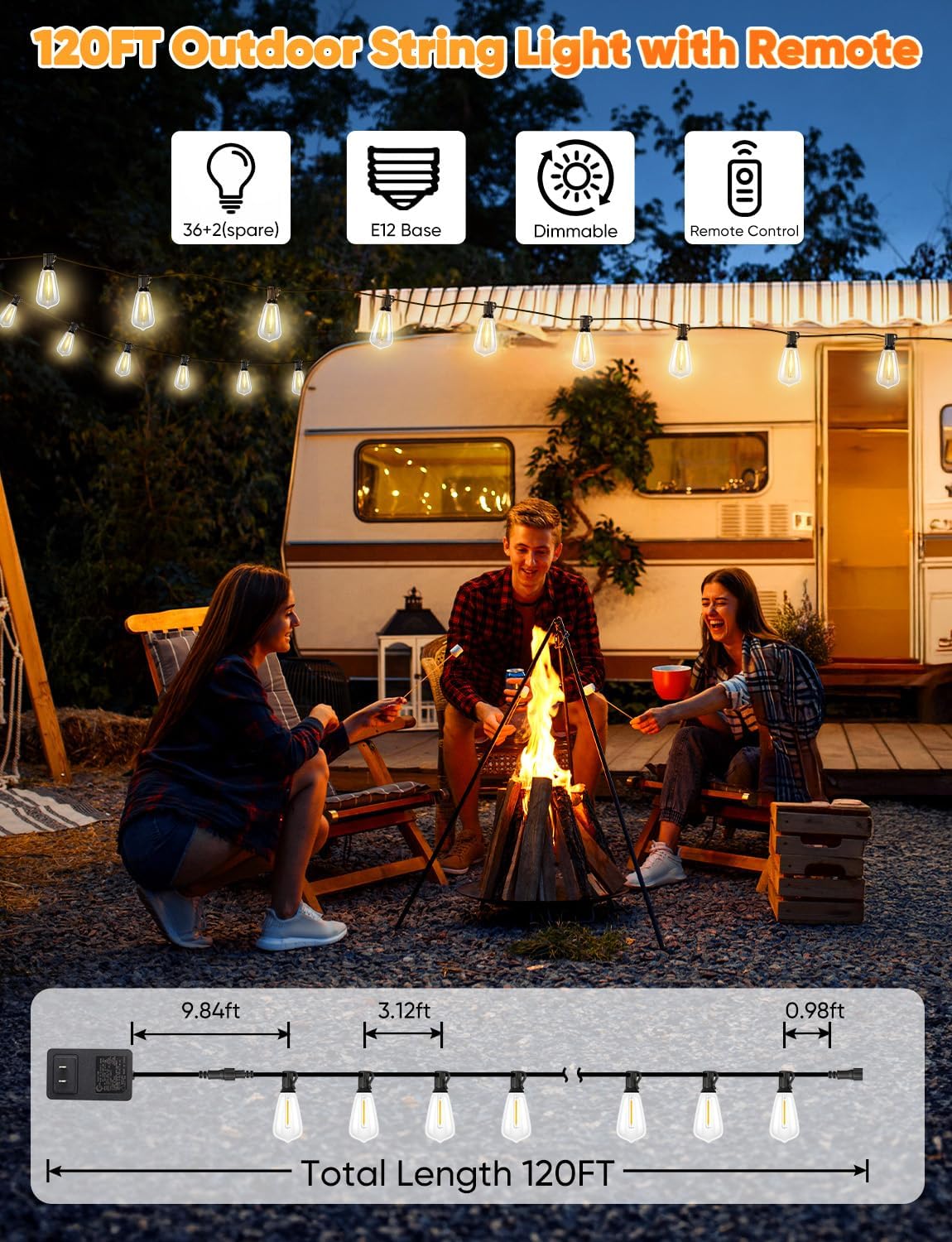 Brightever 120FT LED Outdoor String Lights with Remote, Patio Lights Outdoor Waterproof with 36+2 Shatterproof ST38 LED Bulbs, Dimmable Outside Hanging Light for Porch, Garden, Backyard, Cafe, 2700K - Image 5