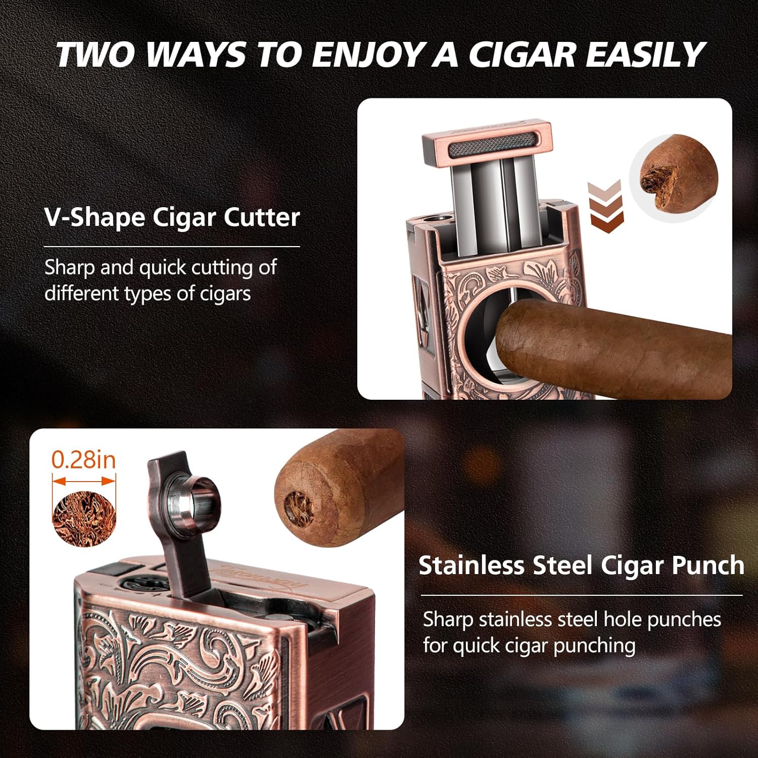Cigar Torch Lighter, 4 Jet Flame Cigar Lighter with Cigar Cutter V Cut Cigar Accessories Cigar Holder Cigar Punch Cigar Draw Enhancer, Windproof Refillable Butane Lighter, Cigar Gifts for Men - Image 5
