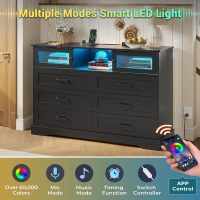 Hasuit 6 Drawer Dresser with LED Lights and Charging Station, Farmhouse Chest of Drawers Closet Organizer, Clothes Storage Cabinet Double Dressers for Bedroom, Living Room, Hallway, Black - Image 3