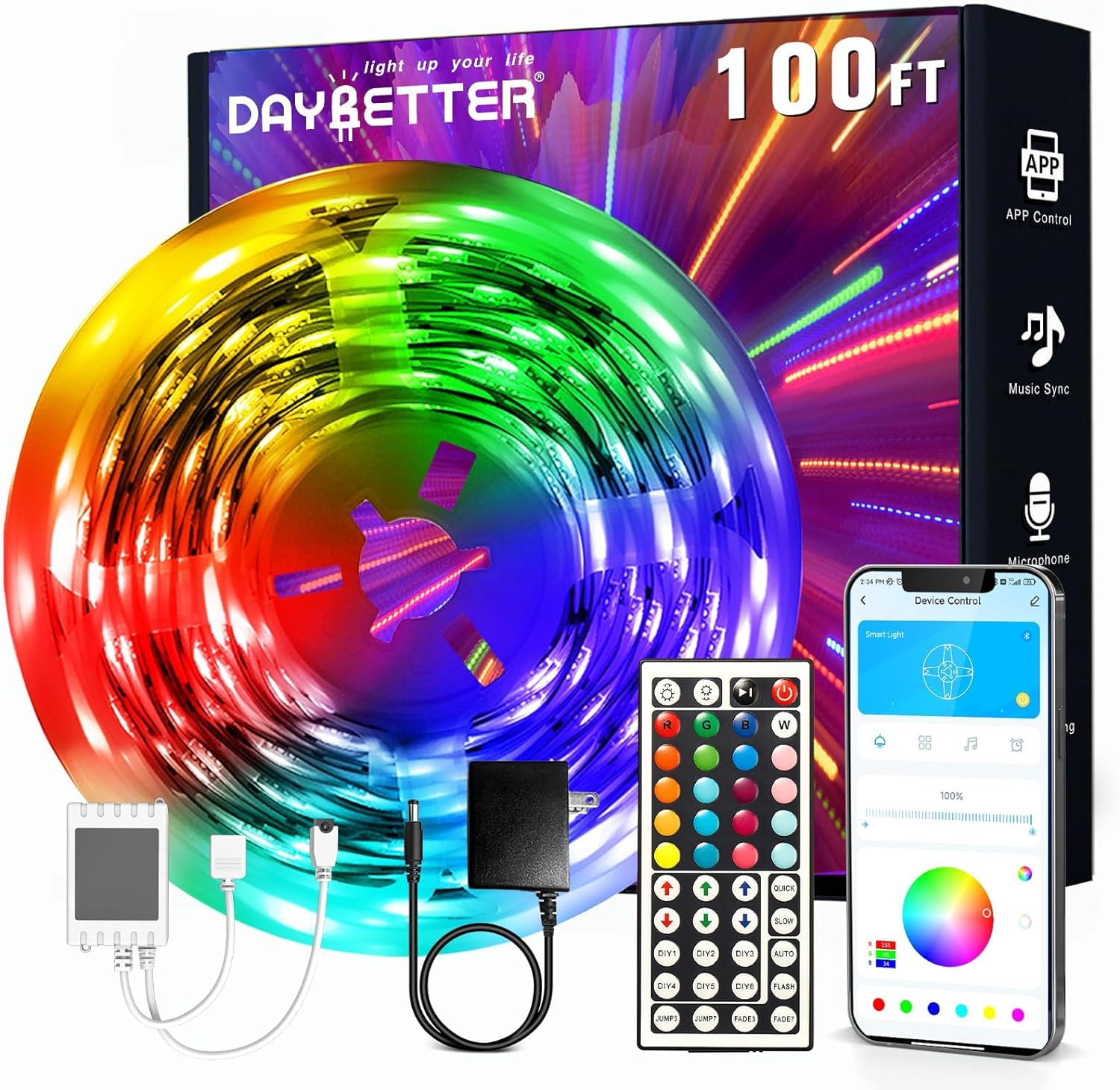 DAYBETTER LED Strip Lights 100ft, Smart Lighting with App Remote Control, RGB LED Lights for Bedroom, Music Sync Color Changing for Room Home Decor Party (1 Roll)