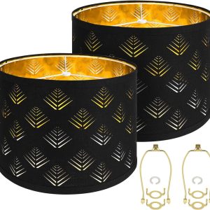 Lamp Shades Set of 2, Drum Lampshades with Leaf Design, 13" Top x 13" Bottom x 10" High (Spider) Modern Linen Lamp Shades for Table Lamp & Bedside Lamp, Assembly Required Black Lampshades Replacement