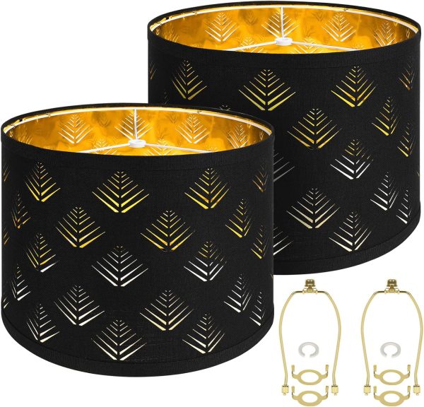 Lamp Shades Set of 2, Drum Lampshades with Leaf Design, 13" Top x 13" Bottom x 10" High (Spider) Modern Linen Lamp Shades for Table Lamp & Bedside Lamp, Assembly Required Black Lampshades Replacement