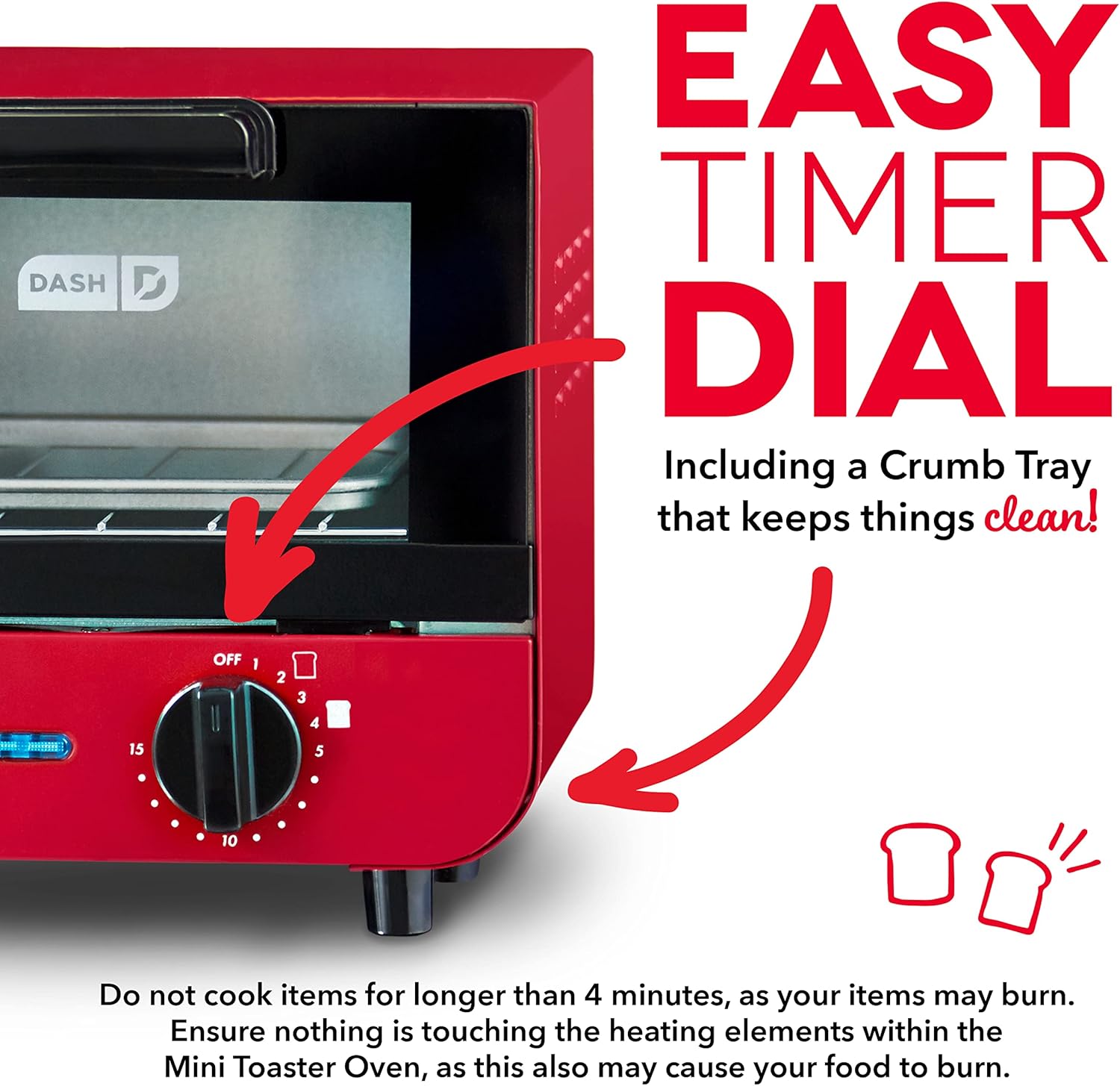 DASH Mini Toaster Oven Cooker for Bread, Bagels, Cookies, Pizza, Paninis & More with Baking Tray, Rack, Auto Shut Off Feature - Red - Image 3