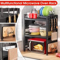 Microwave Stand, 3-Tier Expandable(17.4"- 27.4") Heavy Duty Adjustable Shelf Microwave Oven Rack, Kitchen Countertop Organizer and Storage with 9 Hooks & Cutting Board Holder, Holds up 180 lbs, Black - Image 2