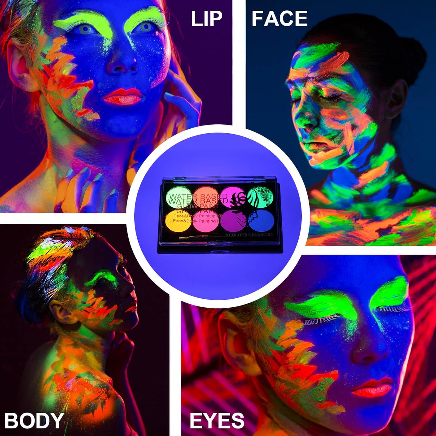 MEICOLY Neon Face Paint,UV Blacklight Glow Face Paint,8 Bright Colors Neon Fluorescent Rave Body Paint Palette,Water Activated Eyeliner,Water Based Glow In The Dark Halloween Washable for Kids Adults - Image 5