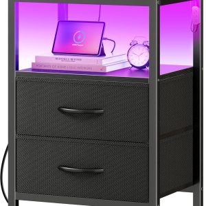 Huuger Night Stand with Charger Station and LED Lights, 2 Drawer Nightstand, Bed Side Table with Open Shelf, End Table, Fabric Dresser for Bedroom, Black