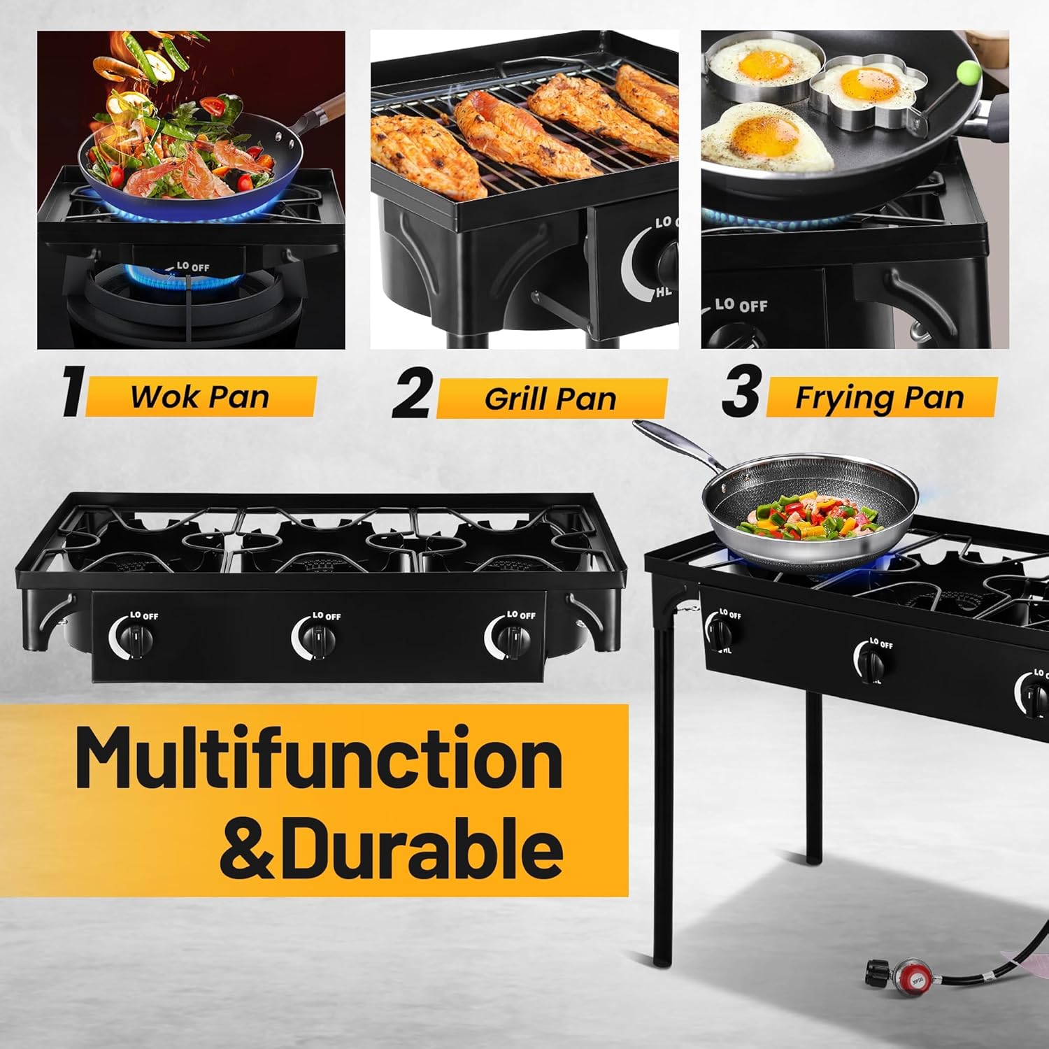 Outdoor Camping Stove, 225000 BTU, High Pressure 3 Burner, Propane Gas Cooker with Detachable Legs, 30 PSI Regulator - Image 2