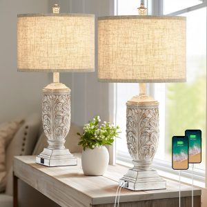 Set of 2 Farmhouse Table Lamps, 27.5'' Tall Rustic Bedside Lamps with USB Ports, Vintage Nightstand Lamp Leafwork White Resin Lamp with Rotary Switch for Living Room,Bedroom, End Table, Decor