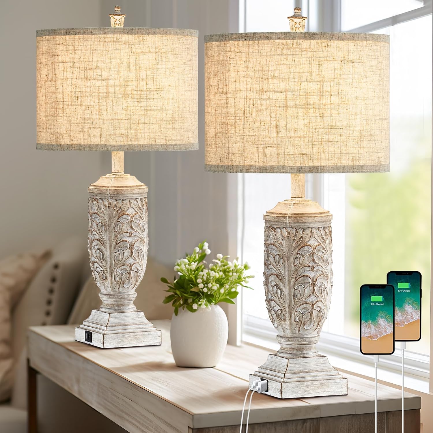 Set of 2 Farmhouse Table Lamps, 27.5” Tall Rustic Bedside Lamps with USB Ports, Vintage Nightstand Lamp Leafwork White Resin Lamp with Rotary Switch for Living Room,Bedroom, End Table, Decor