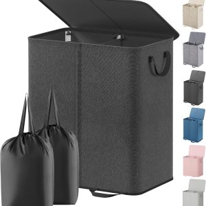 Lifewit Double Laundry Hamper with Lid and Removable Laundry Bags, Large Collapsible 2 Dividers Dirty Clothes Basket with Handles for Bedroom, Laundry Room, Closet, Bathroom, College, 136L Black
