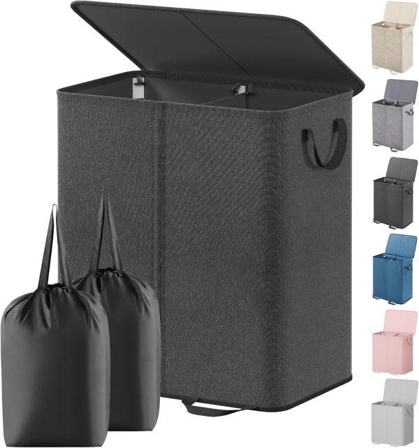 Lifewit Double Laundry Hamper with Lid and Removable Laundry Bags, Large Collapsible 2 Dividers Dirty Clothes Basket with Handles for Bedroom, Laundry Room, Closet, Bathroom, College, 136L Black