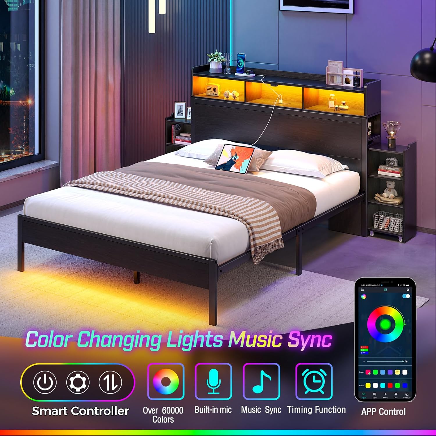 Rolanstar Bed Frame Queen Size with Bookcase Storage Headboard, Slide Out Bedside Storage, Bed with Charging Station & LED Lights, Heavy Duty Metal Slats, No Box Spring Needed, Noise Free, Black - Image 7