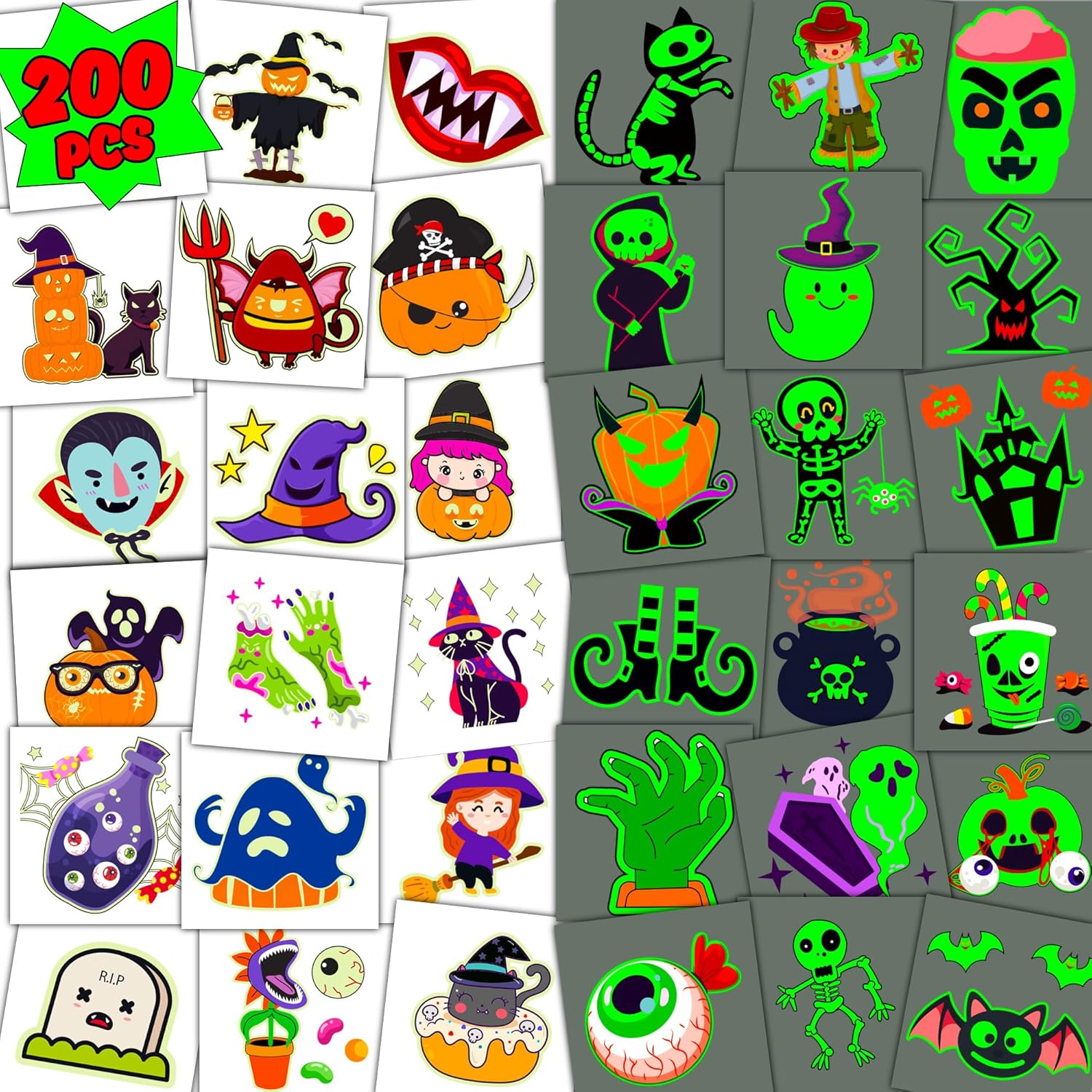 U-Goforst 200 PCS Halloween Tattoos for Kids, Glow in The Dark Halloween Party Favors, Halloween Temporary Tattoos Goodie Goody, Halloween Treats Bag Stuffers Bulk