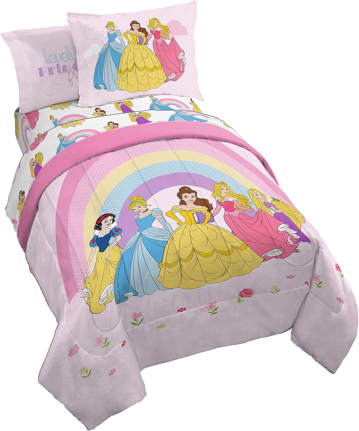 Jay Franco Disney Princess Rainbow 5 Piece Twin Bed Set - Includes Comforter & Sheet Set - Bedding Features Aurora, Belle, & Cinderella - Super Soft Fade Resistant Microfiber