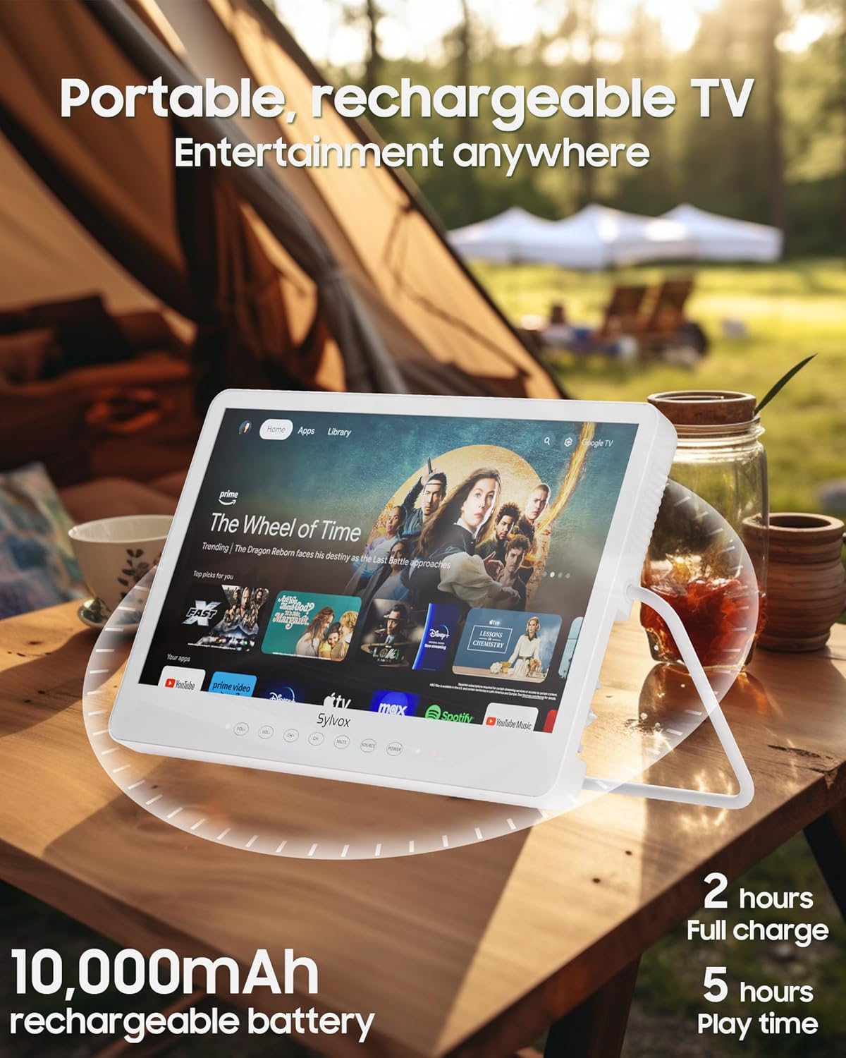SYLVOX Waterproof Portable TV, 15.6" Shower TV 1080P Smart TVs for Bathroom, 10000mAh Rechargeable Battery Operated (4-6H Play Time), IP66 Waterproof, Voice Assistant, 360° Rotating Kickstand - Image 6