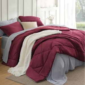Bedsure Queen Comforter Set - 7 Pieces Reversible Burgundy Bedding, Queen Size Bed Set for All Seasons, Bed in a Bag with Down Alternative Comforter, Sheets, Pillowcases & Shams