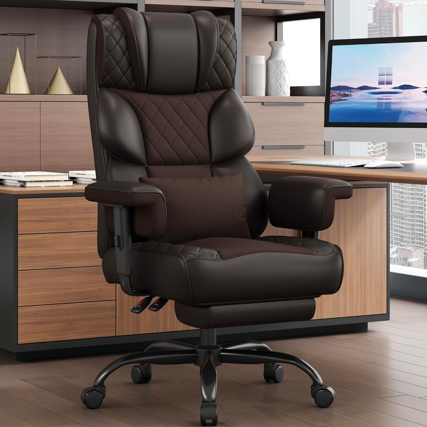 Vonesse Big and Tall Office Chair, Computer Chair with Soft Adjustable Armrests, Ergonomic High Back Gaming Chair with Lumbar Support, Executive Chairs with Footrest (PU Leather + Mesh Fabric,Brown)