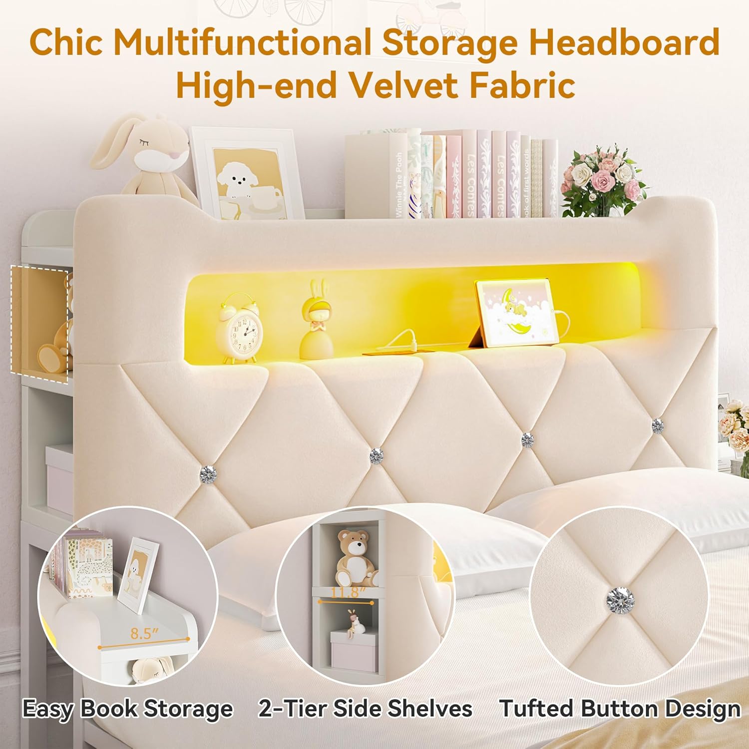 Full Upholstered LED Bed Frame with 2 Storage Drawers and 2-Tier Storage Headboard, Velvet Princess Platform Bed with Charging Station & Bookcase, Corner Bed Frame, Heavy Duty Metal Support, Beige - Image 6