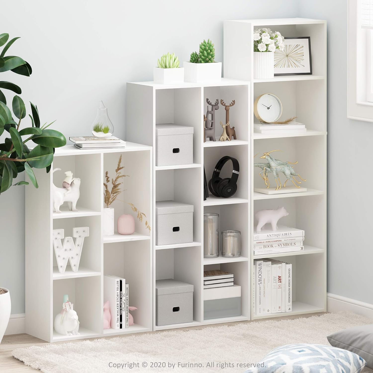 Furinno LUDER Book Shelf, 7-Cube Bookshelf, Bookcase, 9.4" x 19.5" x 41.7", for Living Room, Bedroom, Home Office, White - Image 4