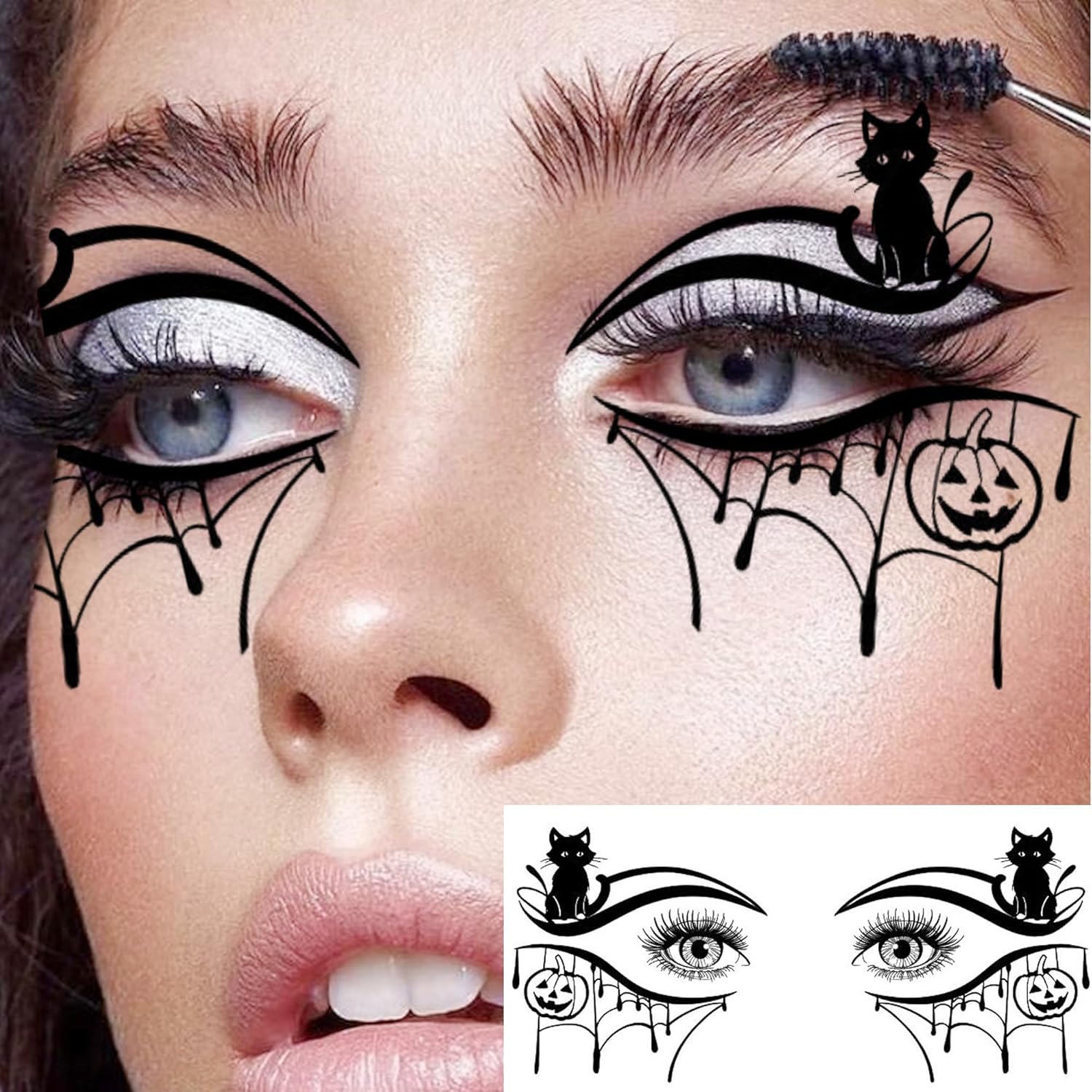 7 Sheets Halloween Eye Shadow Temporary Tattoos For Women Men Kids Adults, Halloween Eye Scary Face 3D Spider Web Tattoo Stickers, Cat Skull Bat Eyeliner Fake Tattoos Halloween Makeup Accessory - Image 4