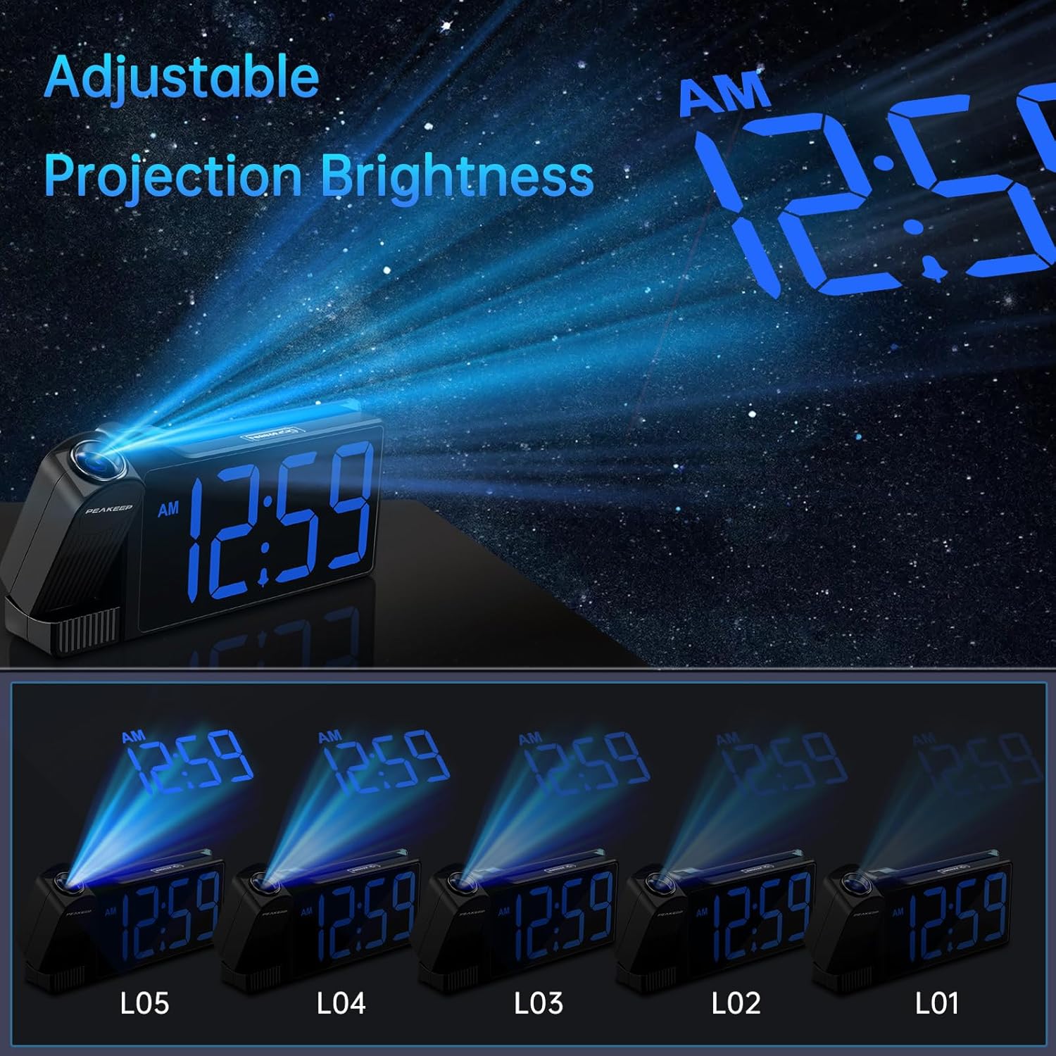 Peakeep Projection Alarm Clock for Bedroom Ceiling 180° Rotatable, Loud for Heavy Sleepers, Colorful Nightlight, 5 Brightness Dimmable Large Number Bedside Electric LED Digital Clock with USB Port - Image 3