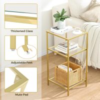 Homhedy 3-Tier Side Tables Set of 2, End Tables with Tempered Glass, Nightstands with Storage Shelves, Slim Sofa Tables for Living Room, Bedroom (2, Golden) - Image 4