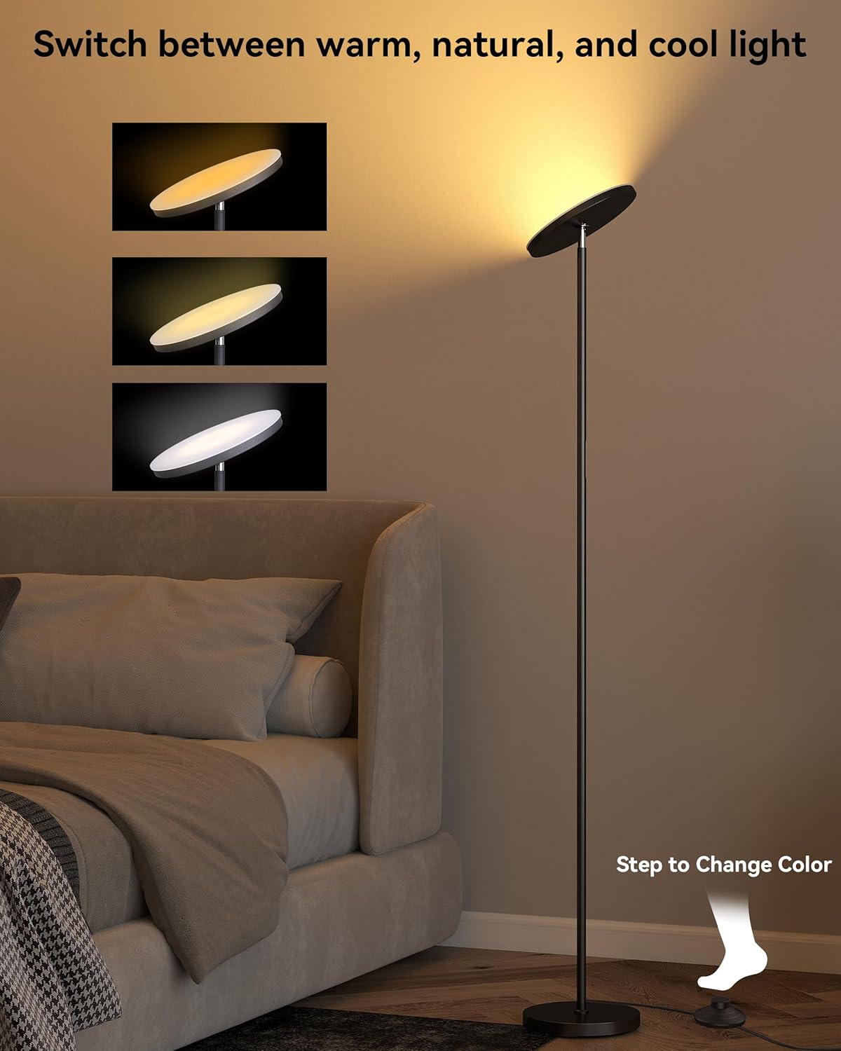 JOOFO LED Floor Lamp – Super Bright Torchiere with Remote & Foot Switch, Stepless Dimmable Tall Standing Lamp, 69" Modern Pole Light for Corner, Living Room, Bedroom, Reading, Office - Image 3
