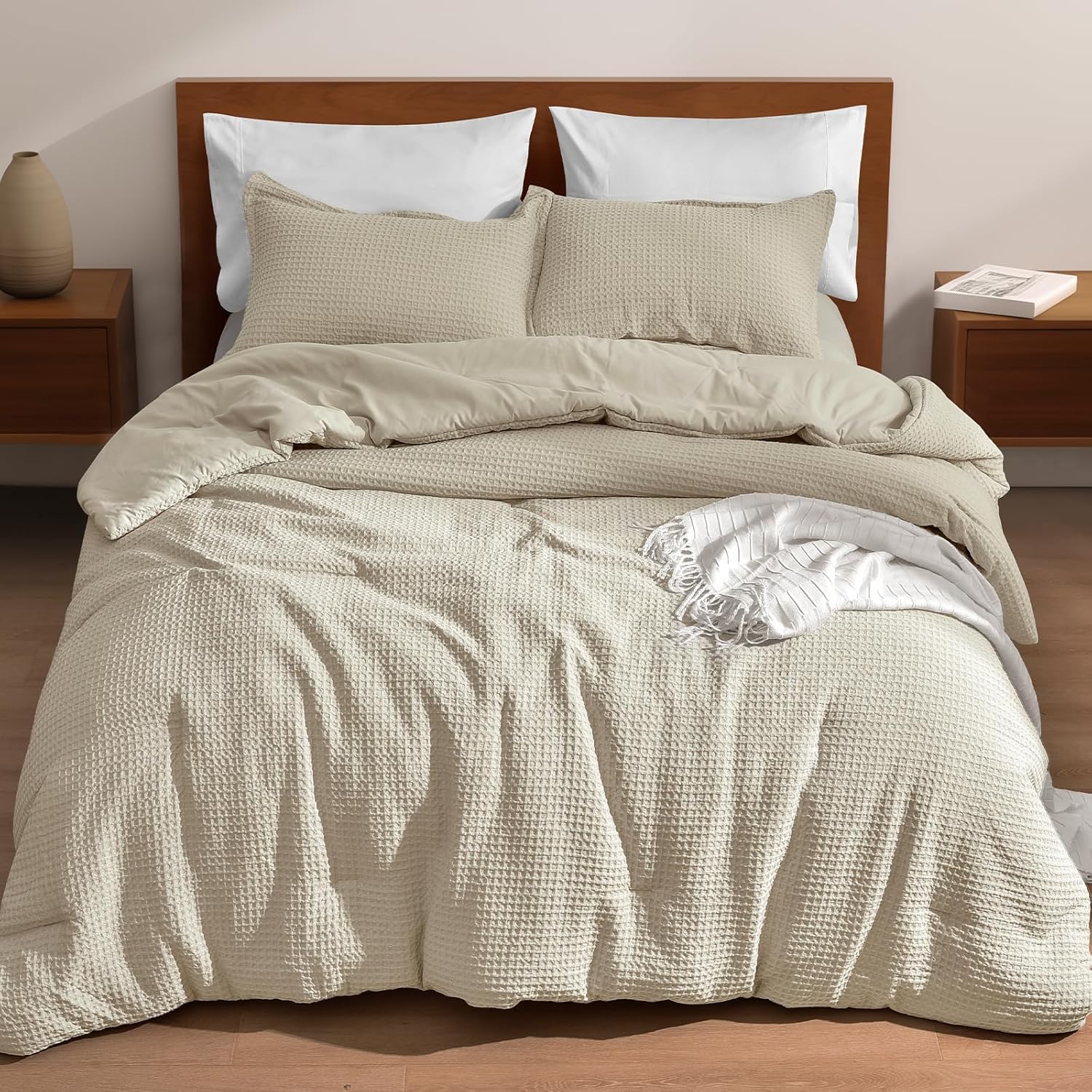 PHF Ultra Soft Waffle Weave Comforter Set Queen Size, 3 Pieces Lightweight Breathable Comfy Bedding Set for All Season, Comfy Textured 1 Comforter with 2 Pillow Shams, Linen - Image 7