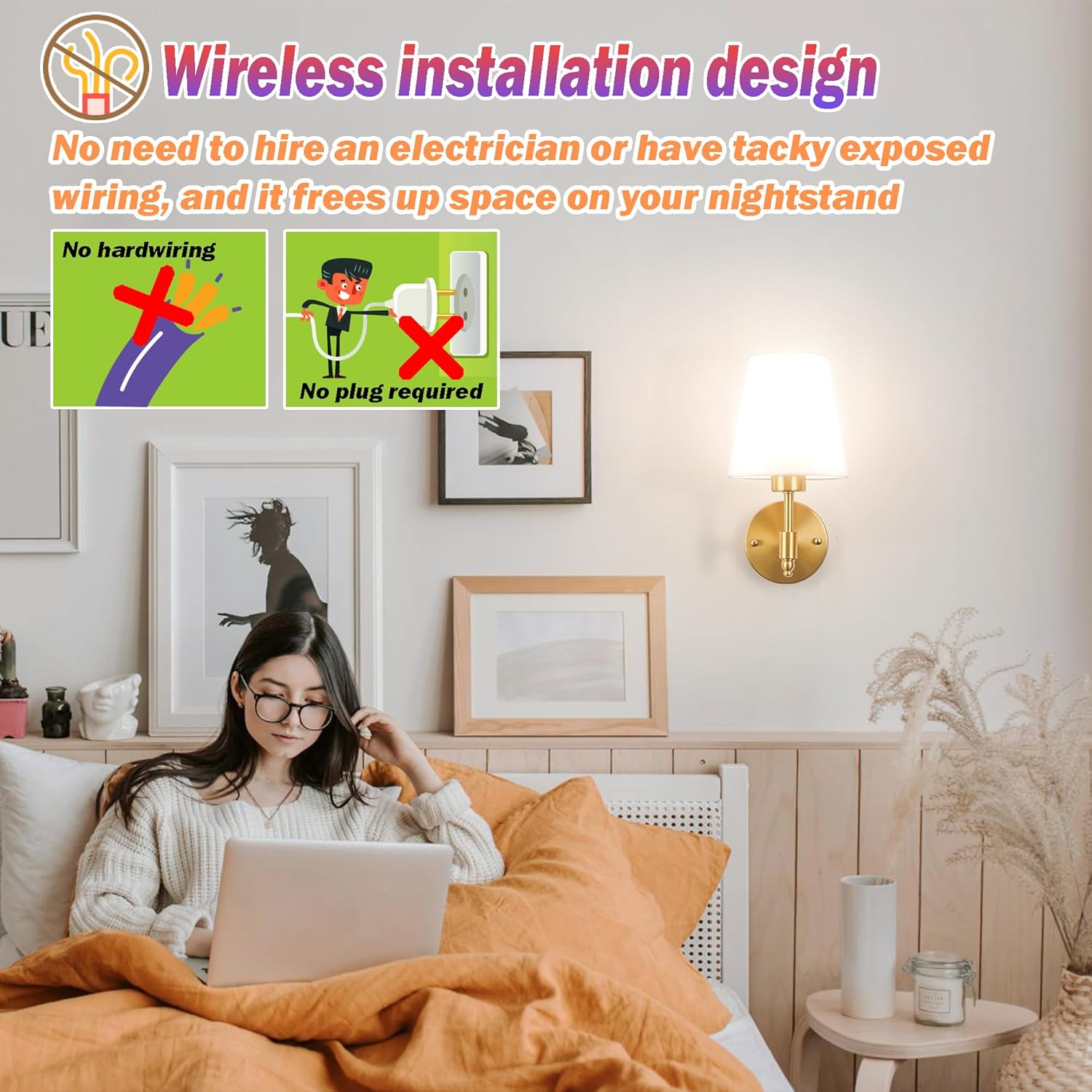 Battery Operated Wall Sconces Set of Two, Wireless Battery Wall Light with 10000mAh RGB Dimmable Magnetic Bulb, Rechargeable Wall Sconce with Remote for Bedroom, No Electrician Required - Image 3