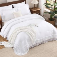 Andency White Ruffle Comforter Set King, Shabby Chic Farmhouse Bedding Comforter, Soft Lightweight Fluffy Microfiber Bet Set All Season 3 Pieces Solid Comforter Set - Image 2