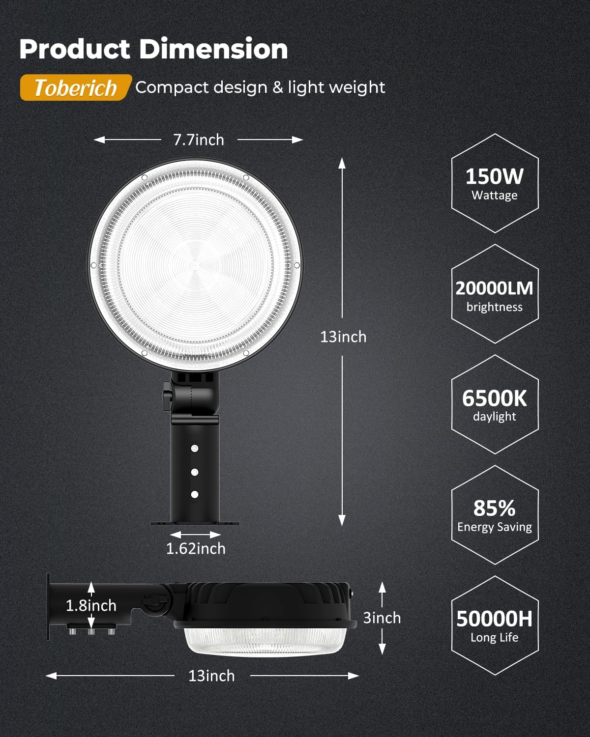 LED Barn Light, 150W 20000LM Yard Area Lights Dusk to Dawn Outdoor Lighting with Photocell 6500K Adjustable Angle Daylight IP66 Waterproof Street Lights for Security/Farmhouse/Garage - Image 6