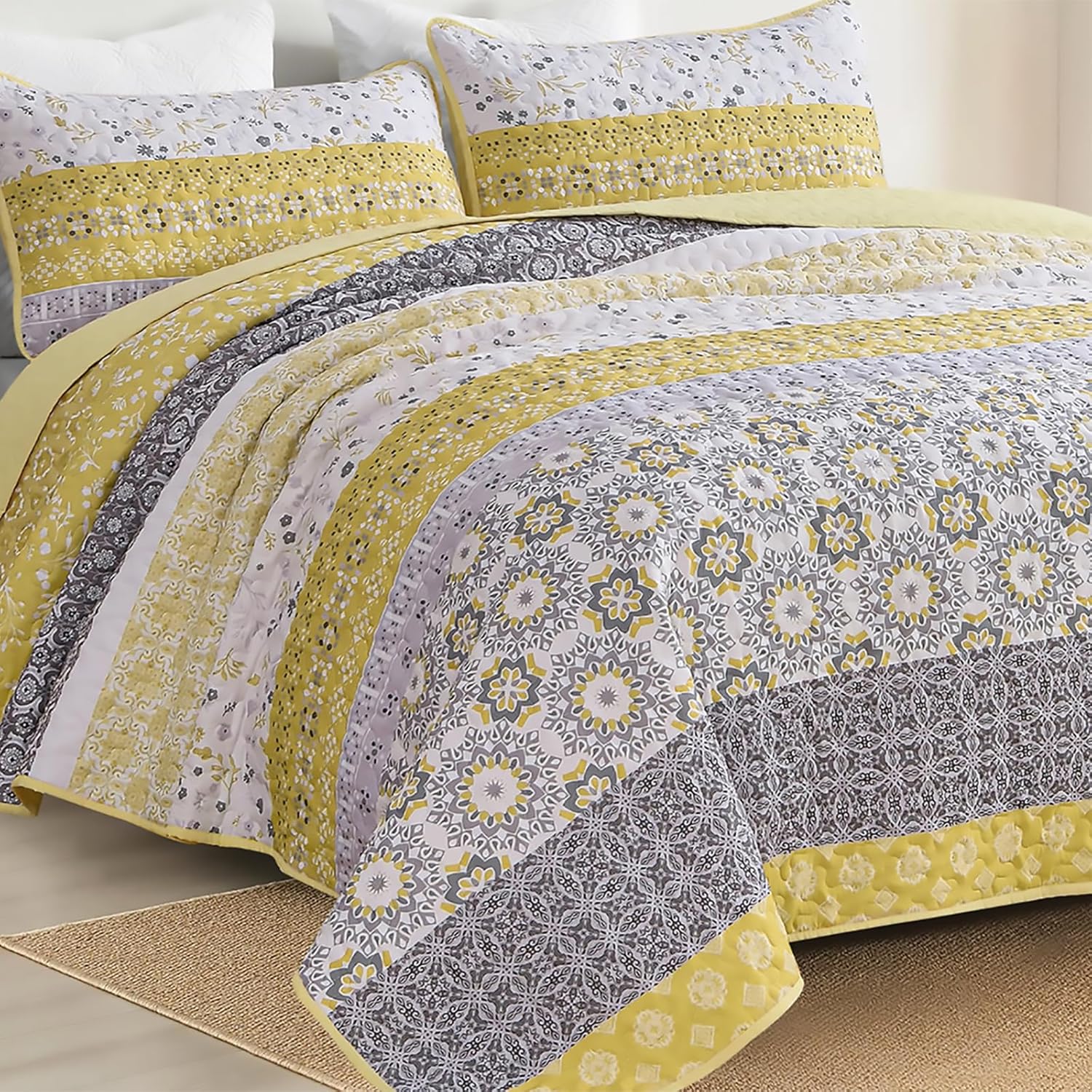 WONGS BEDDING Boho Quilt Set Queen, Yellow Bohemian Striped Patchwork Bedspread Coverlet Set with 2 Pillowcases,Lightweight Microfiber Floral Bedding Set 96"×90" - Image 5