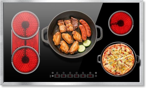 36 Inch Electric Cooktop, 5 Burner Stove Top Touch Control, 36" Glass Ceramic Stove Top 9600W with BBQ & Flexible Zone, Child Lock, Timer, Overheat Protection, 220-240V Hard Wired (No Plug)