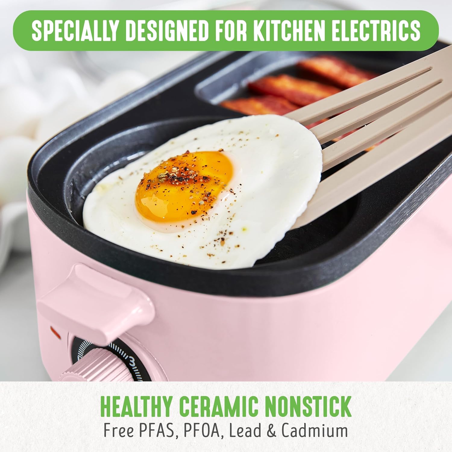GreenLife 3-in-1 Breakfast Maker Station, Healthy Ceramic Nonstick Dual Griddles for Eggs Meat Sausage Bacon Pancakes and Breakfast Sandwiches, 2 Slice Toast Drawer, Easy-to-use Timer, Pink - Image 2