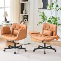 Criss Cross Chair with Reversible Armrests, Cross Legged Office Chairs with Wheels and Wide Seat PU Leather Home Desk Chair for Home, Make Up, Bed Room, Brown - Image 6