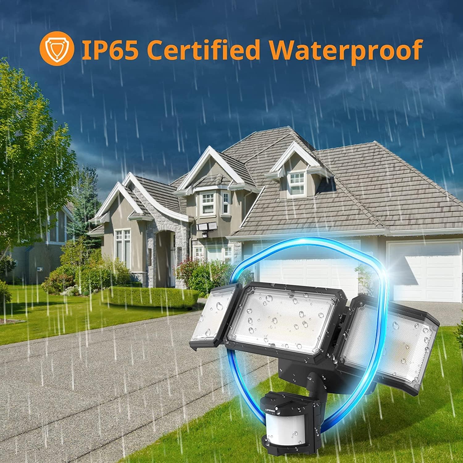 LEPOWER Battery Powered LED Flood Light Outdoor,1500LM Motion Sensor Security Lights, IP65 Waterproof,Wireless Flood Light Battery Operated,3 Head Motion Detector Light for Garage,Yard,Porch(Black) - Image 7