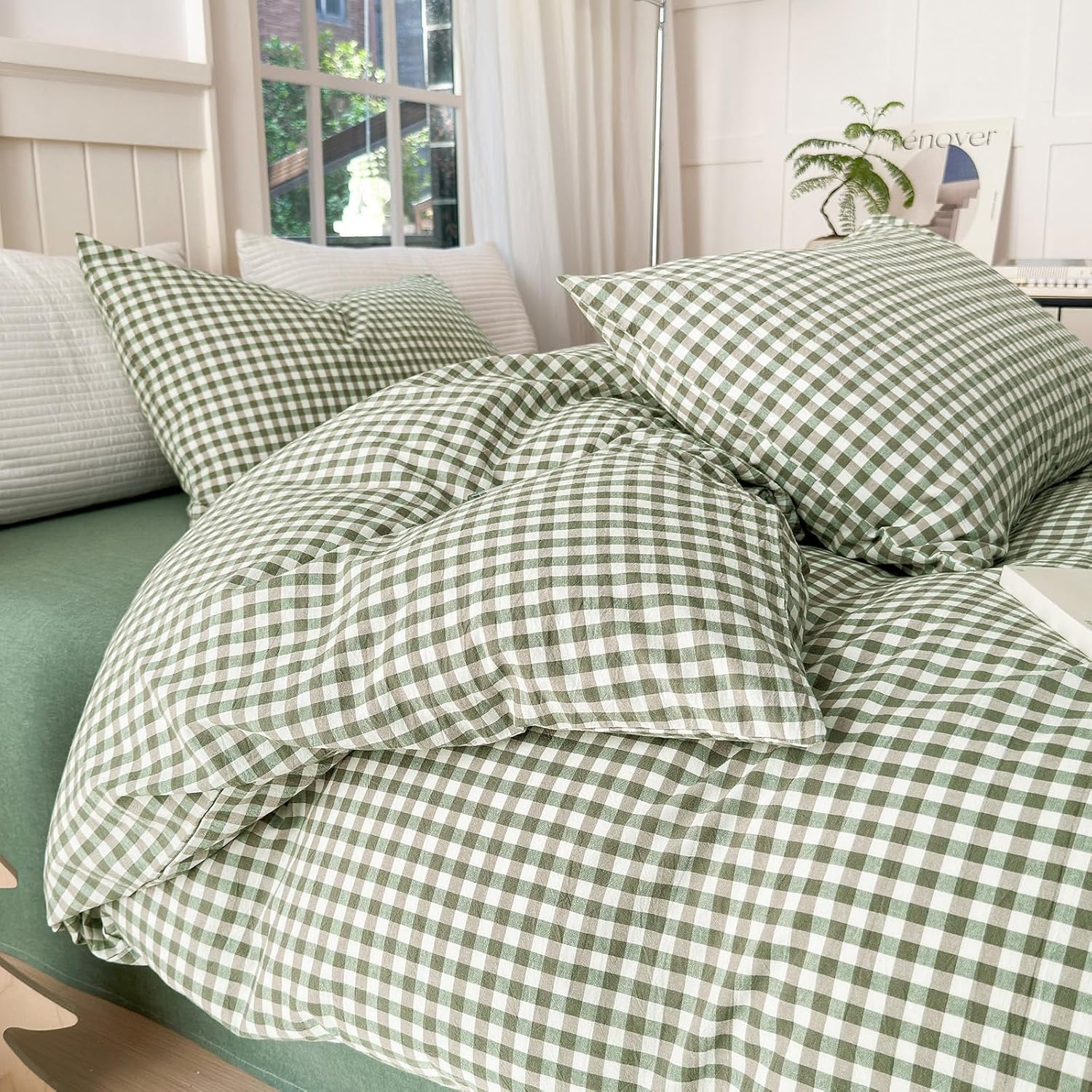 Queen Comforter Set Green Gingham Comforter Modern Style Checkered Pattern Comforter Set Boho Grid Plaid Bedding Comforter Lightweight Fluffy Soft Grid Bedding Set Queen Size Breathable - Image 6