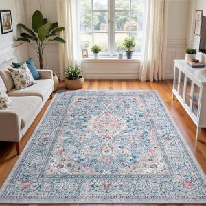 4x6 Blue Washable Boho Area Rug for Bedroom, Vintage Floral Non Slip Living Room Rugs, Soft Low Pile Indoor Mat, Aesthetic Pattern Carpet for Kitchen, Dining Room and Bedside