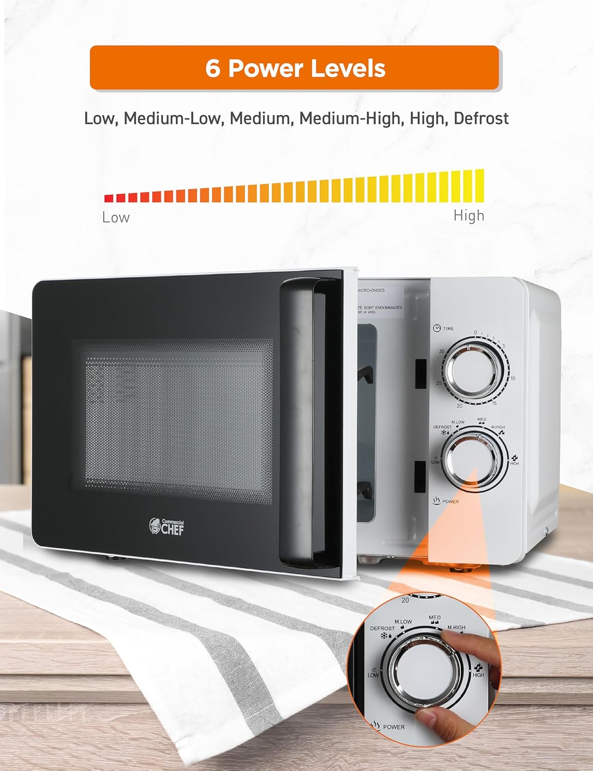 Commercial CHEF Small Microwave 0.7 Cu. Ft. Countertop Microwave with Mechanical Control, White Microwave with 6 Power Levels, Outstanding Portable Microwave with Convenient Pull Handle - Image 3