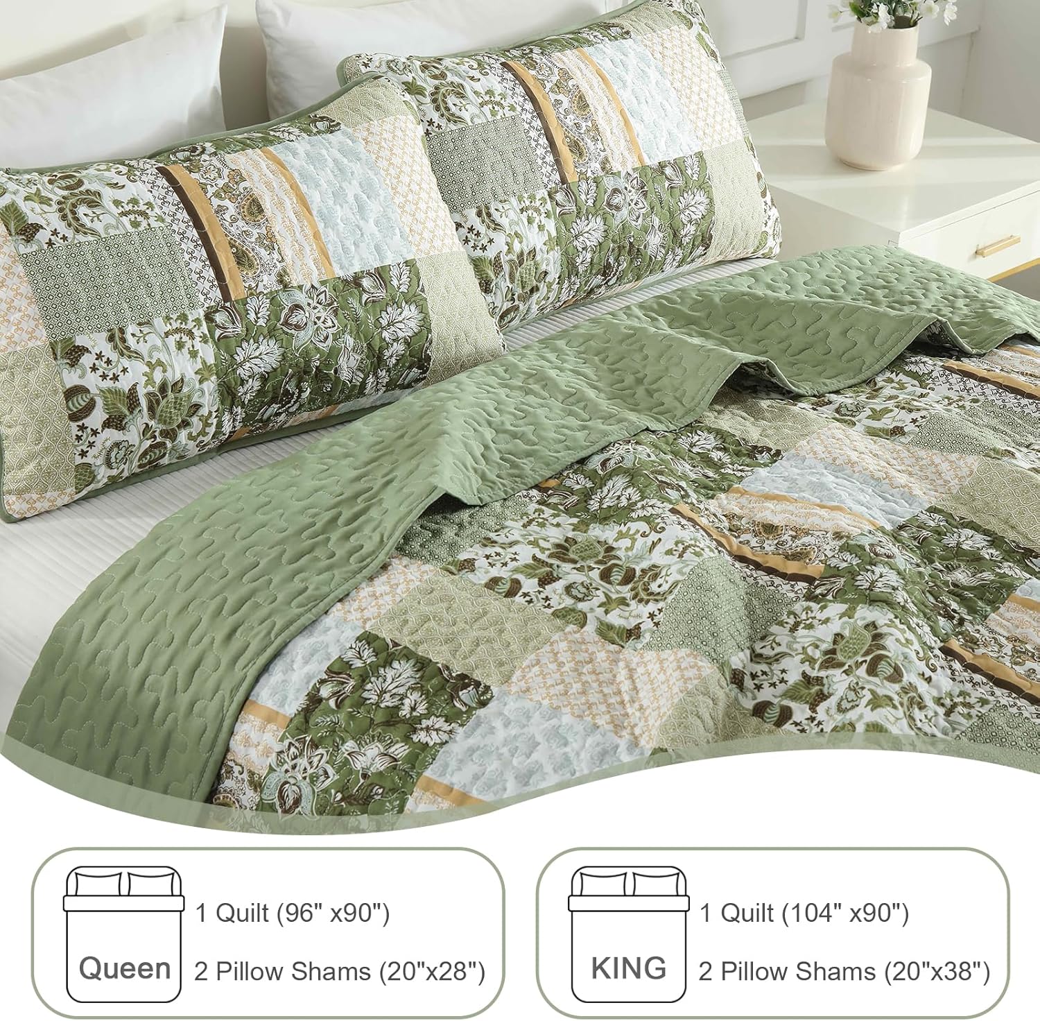 WONGS BEDDING Green Quilt Set King Size,Green Patchwork Plaid Printed Bedspread Coverlet Set,3 Pieces Summer Soft Microfiber Boho Bedding Set with 1 Quilt 2 Pillowcases - Image 6