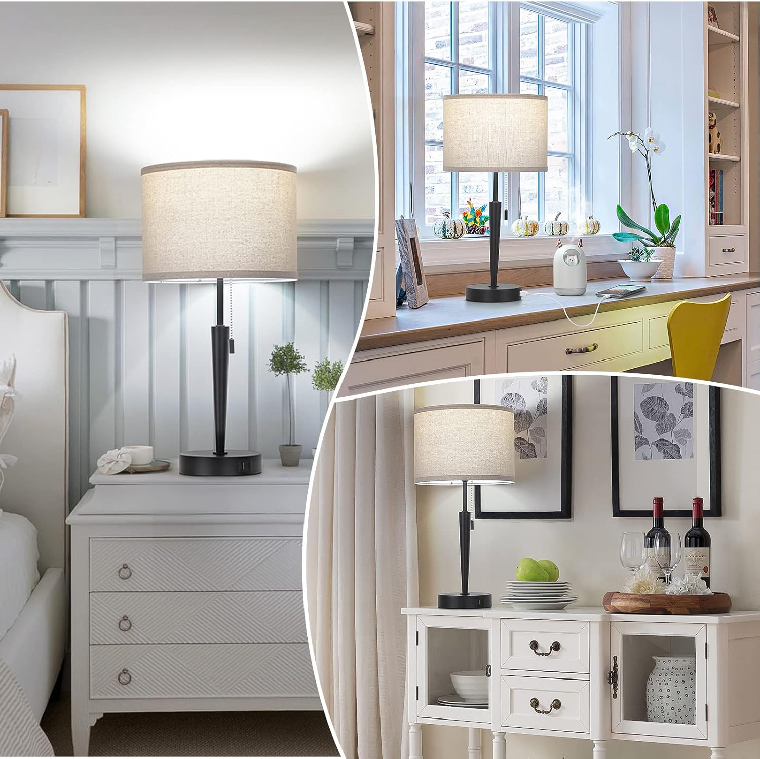 GGOYING Set of 2 Bedside Table Lamp, Pull Chain Nightstand Lamps with USB C Charging Ports, 5000K LED Bulb, Round Fabric Linen Lampshade for Livingroom,Bedroom,Home - Image 6