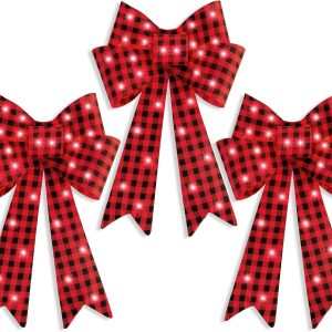 Best Choice Products Set of 3 Bows Pre-Lit Christmas Bow Decoration, Indoor/Outdoor LED Holiday Décor w/ 30 Lights, Outdoor Battery Box, Timer, 8 Light Functions - Red/Black Buffalo Plaid