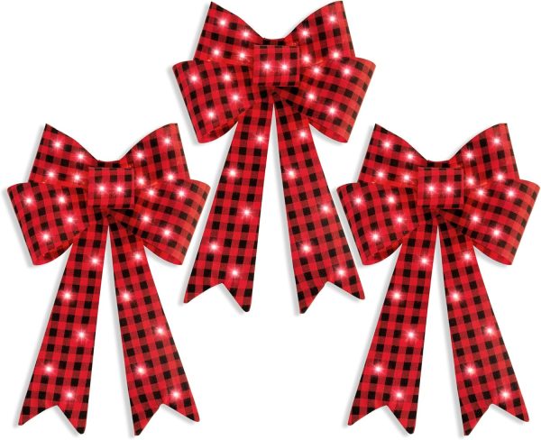 Best Choice Products Set of 3 Bows Pre-Lit Christmas Bow Decoration, Indoor/Outdoor LED Holiday Décor w/ 30 Lights, Outdoor Battery Box, Timer, 8 Light Functions - Red/Black Buffalo Plaid
