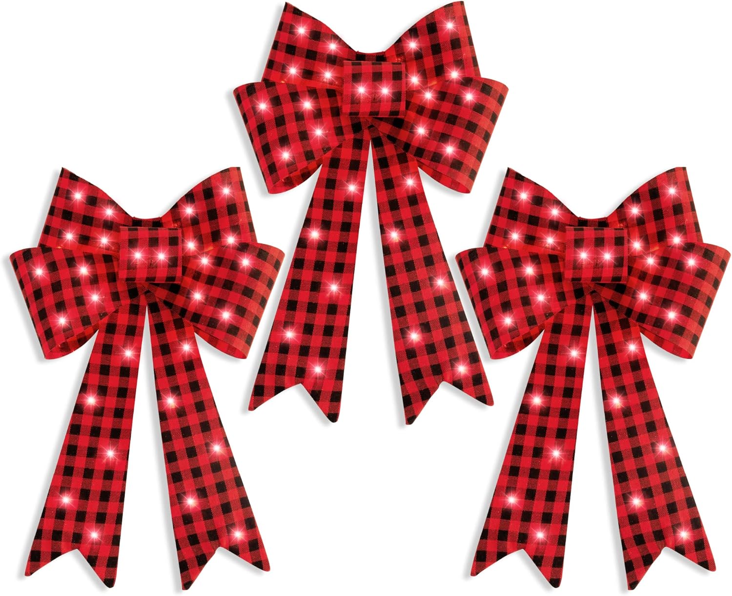 Best Choice Products Set of 3 Bows Pre-Lit Christmas Bow Decoration, Indoor/Outdoor LED Holiday Décor w/ 30 Lights, Outdoor Battery Box, Timer, 8 Light Functions - Red/Black Buffalo Plaid