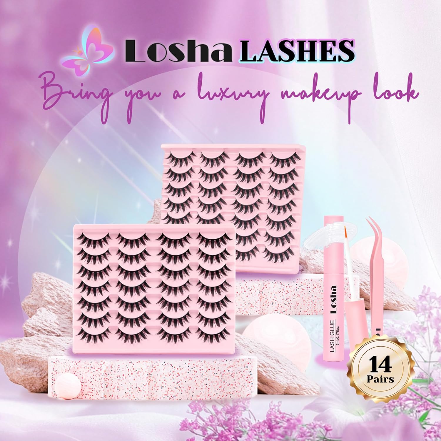 Losha Lashes Spiky Manga Lashes 14 Pairs Anime False Eyelashes 8D Wispy Eye Lashes Kit with Lash Glue and Lash Tweezers Natural Soft Fake Eyelashes (Cutes) - Image 7