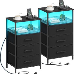 Night Stand Set 2 with Charging Station, 3 Drawer Nightstands with LED Lights, End Table with Outlets and USB Ports, Side Table with Open Shelf, Bedside Tables for Bedroom, Black