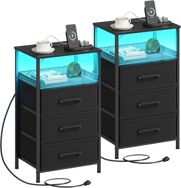 Night Stand Set 2 with Charging Station, 3 Drawer Nightstands with LED Lights, End Table with Outlets and USB Ports, Side Table with Open Shelf, Bedside Tables for Bedroom, Black