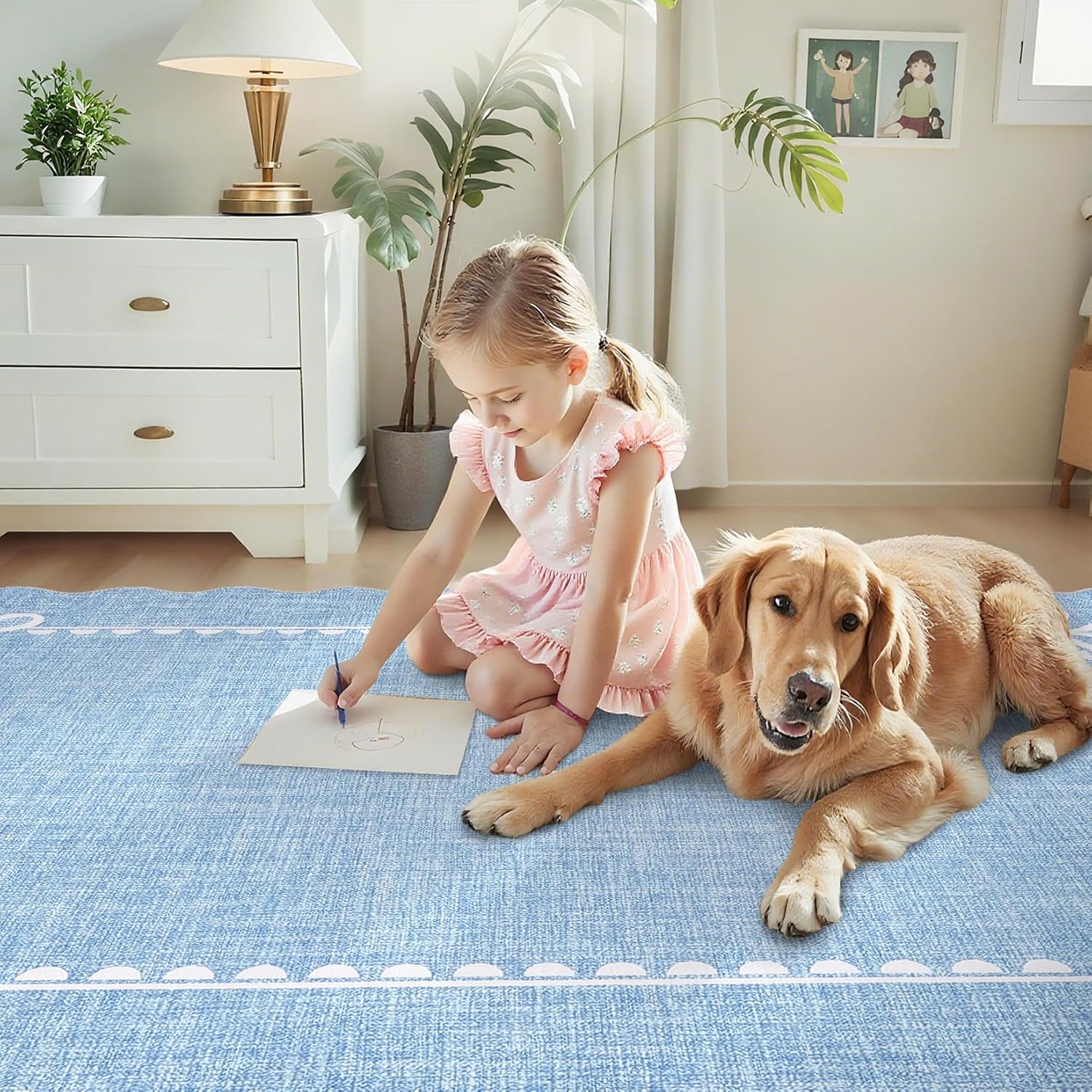 GarveeHome Scalloped Bow Rug for Living Room, Solid Blue Rug for Dorm, Washable Rugs 5x7 Soft Low Pile Non Slip Scalloped Rugs for Nursery College Bedroom Decor Kids Room Playroom - Image 7